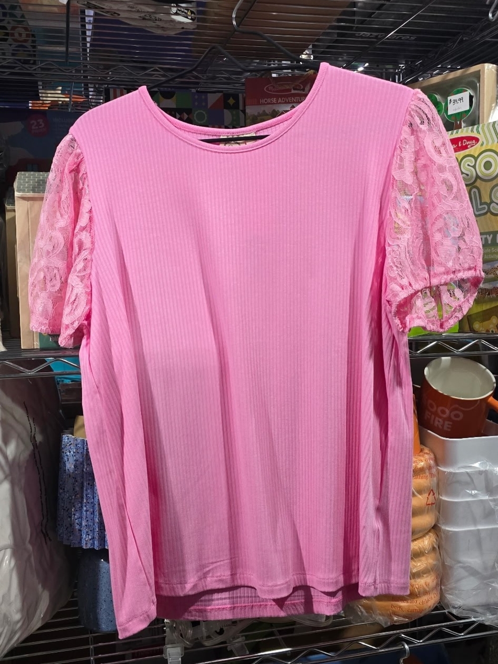New Grace & Emma Large Pink Lace Sleeve Women's Top
